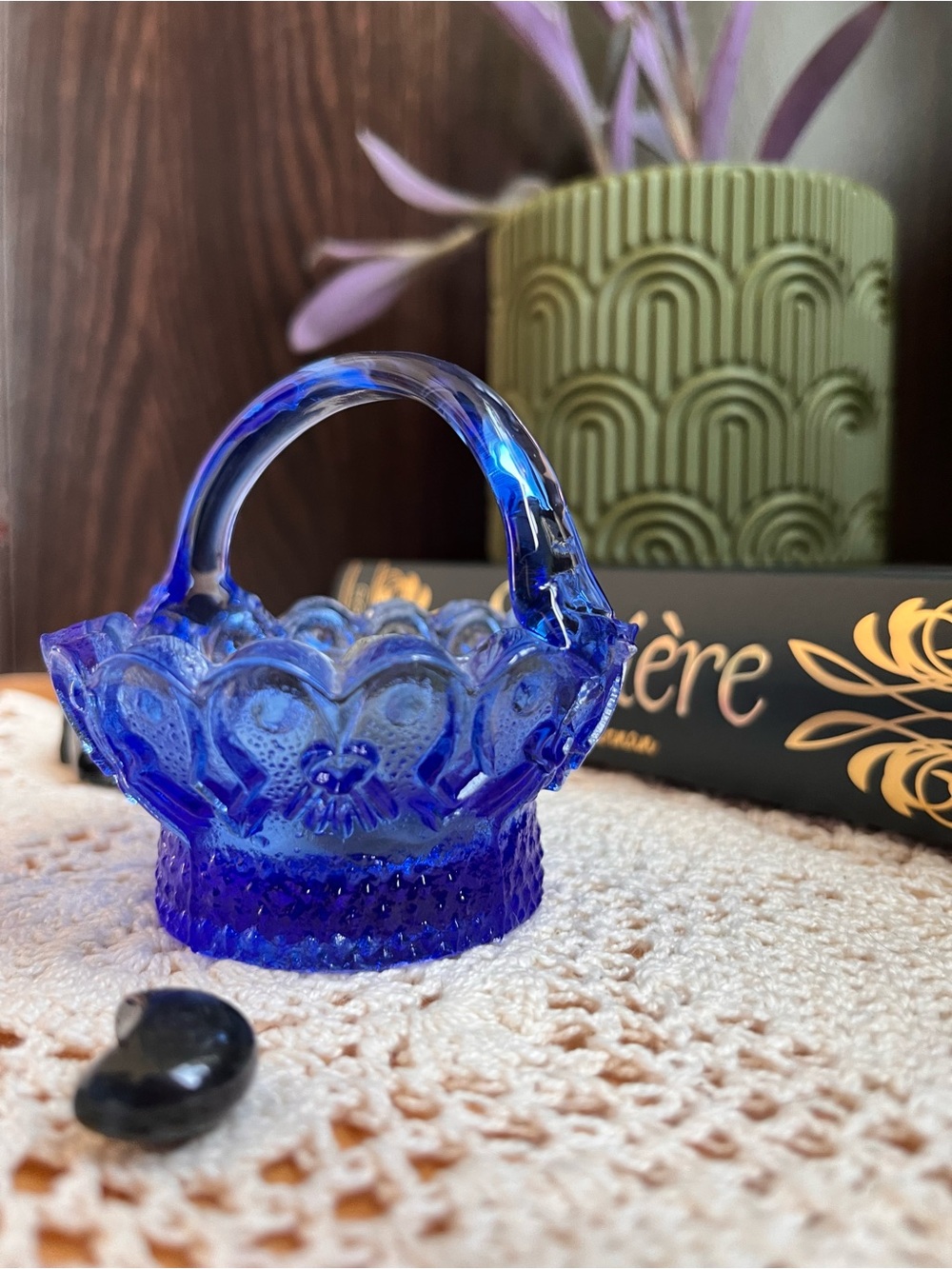 Cobalt Blue Glass Basket Dish with Handle